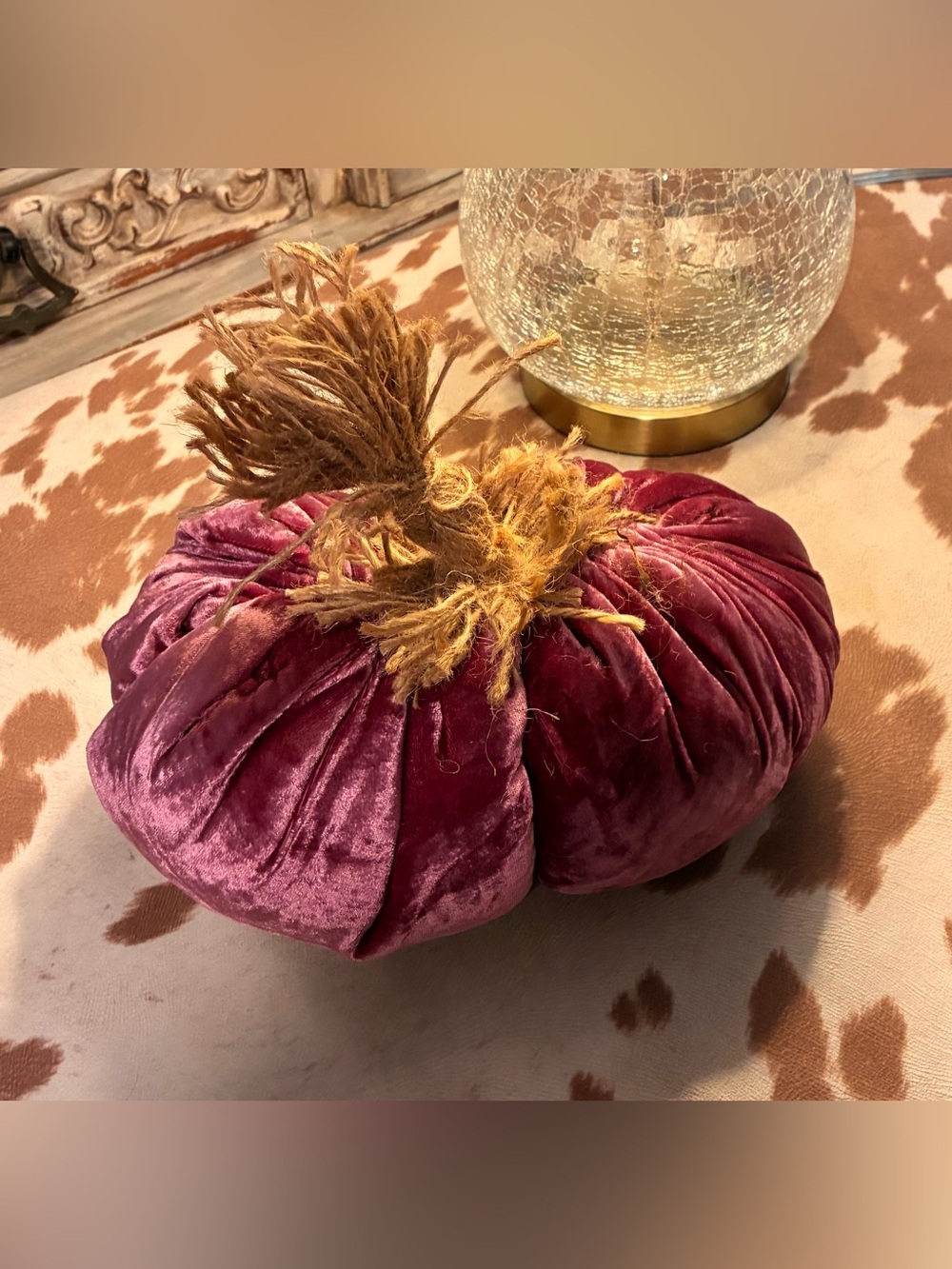 Velvet deepest pink Pumpkin with Twine Stem Handmade 8”X 10”